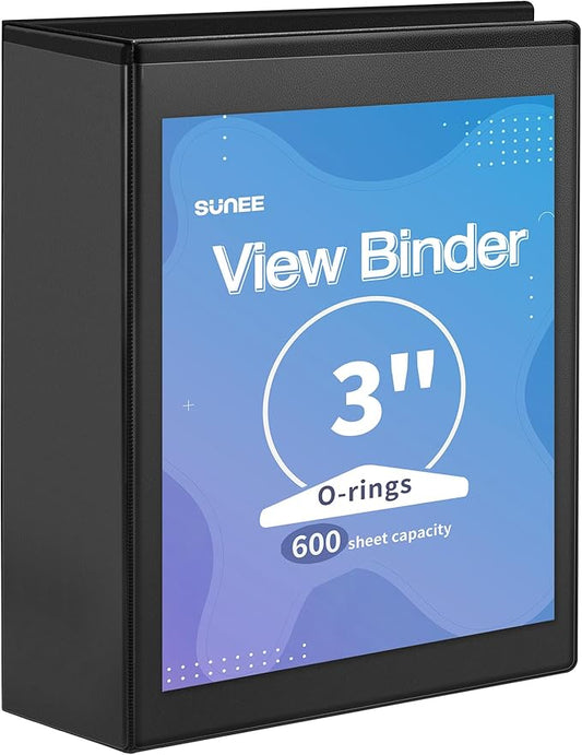 SUNEE 3 Ring Binder 3 Inch 1 Pack, Clear View Binder Three Ring PVC-Free (Fit 8.5x11 Inches) for School or Office Supplies, Black
