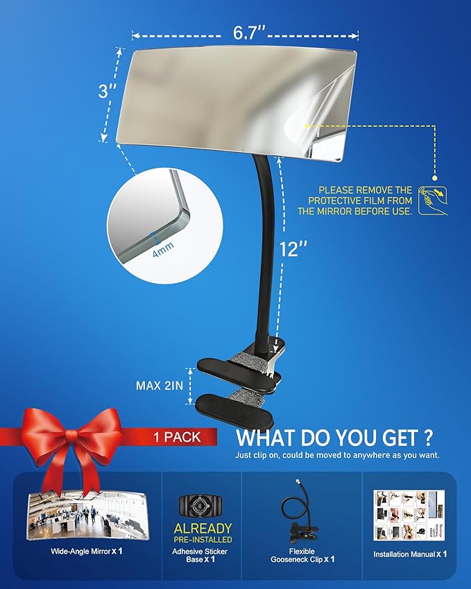 Clip-On Security Mirror to See Behind You - 6.7" x 3" Convex Cubicle Mirror for Personal Safety, 360° Adjustable Rear View Monitor for Desk, Office, Warehouse & Workplace Security - 12in