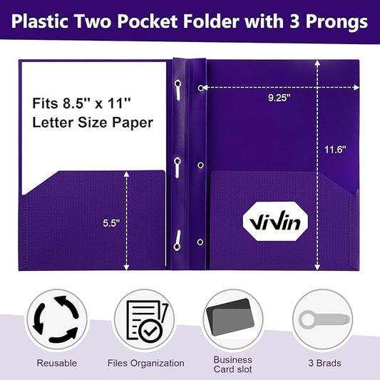 ViVin Sturdy Plastic Folder, 5 Pack, 2 Pocket Folder with Prongs, Holds Letter Size Paper, Poly File Plastic Folders with Fasteners, for School Home and Office - Assorted Color