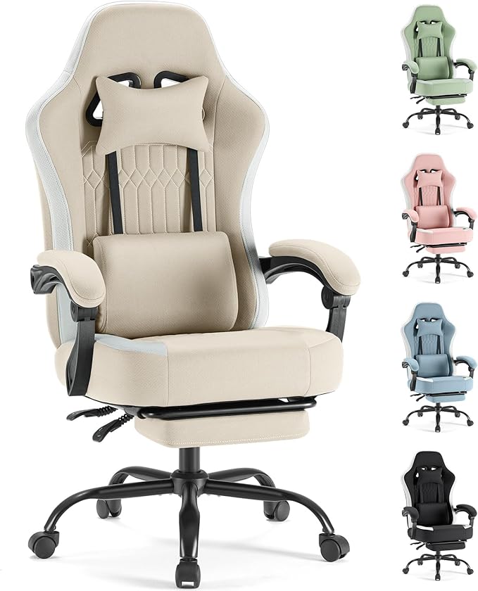 Sweetcrispy Computer Gaming Chair - High Back Ergonomic Desk Chair with Footrest and Lumbar Support, Height Adjustable Task Chair with Linkage Armrests and Headrest, 360° Swivel Wheels, Khaki