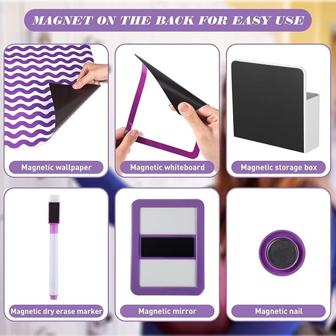 Timgle 8 Pcs Magnetic Locker Set Including Magnetic Wallpaper Mirror Locker Organizer Carpet Whiteboard Dry Erase Marker Accessories for Office School Supplies(Purple,Wavy Style)