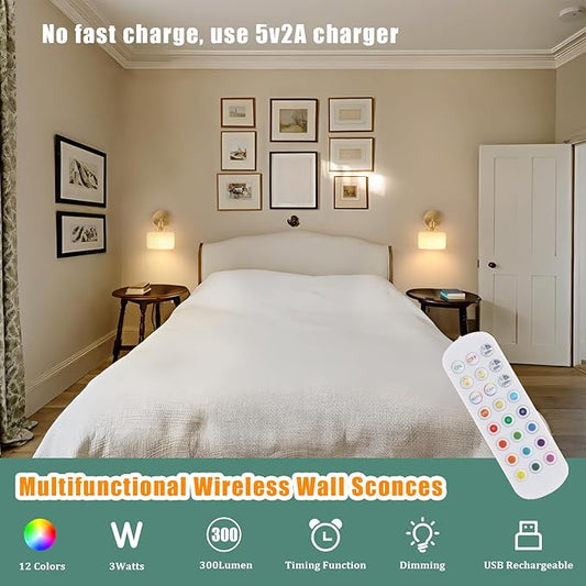 Vintage Battery Operated Wall Sconce with White Striped Glass Lampshade 5000 mAh Rechargeable Battery Powered Wall Light with Remote Control for Bedside Bedroom Doorway