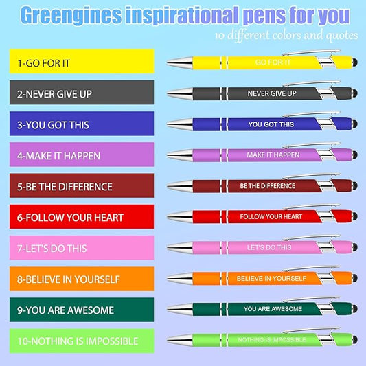 10 Pcs Inspirational Pens - Motivational Ballpoint Pen with Stylus Tip Ink Pens Bulk Inspirational Gifts for Women Coworkers Office Supplies Black Ink