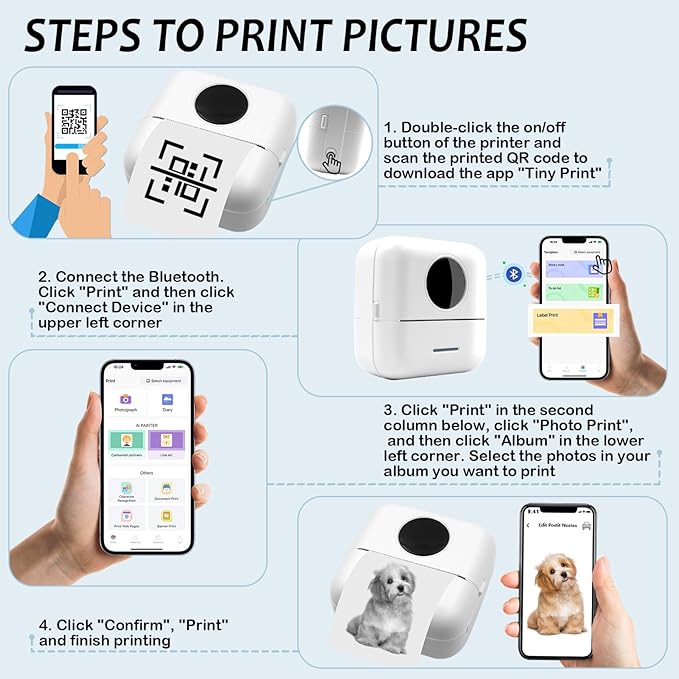 MXiiXM Mini Sticker Printer, Portable Pocket Smart Inkless Thermal Printer with 13 Roll Papers, Bluetooth Mini Printer for Notes, Photos, Stickers, Labels, Receipts (White)