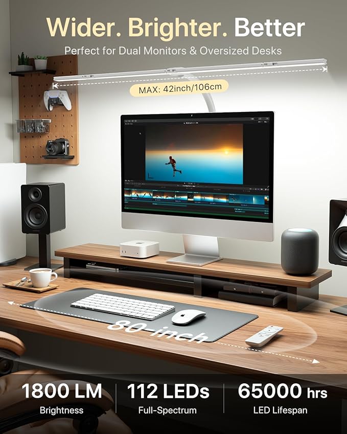 42" LED Desk Lamp with Clamp, Architect Desk Light with Remote, Adjustable 4-Segment Bar, 1800LM Bright, Eye-Caring Desk Lamp for Home Office, Reading, Study, Dual Monitors, Workbench (White)