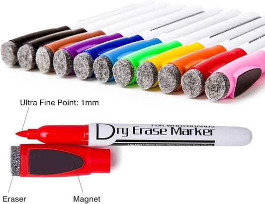Volcanics Magnetic Dry Erase Markers With Eraser Fine Tip Low Odor Thin Whiteboard Markers for Kids Small White Board Markers Dry Erase Pack of 24,10 Colors
