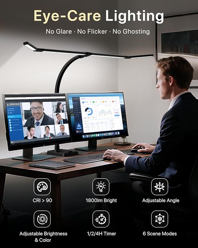42" LED Desk Lamp for Home Office, Eye-Caring Desk Light with Adjustable 4-Segment Bar, 1800LM Bright, Remote, Architect Table Lamp with Base for Dual Monitors, Reading, Study, Workbench(Black)