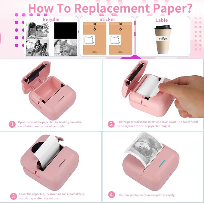 HuiJuKeJi Mini Sticker Printer Bluetooth Smart Pocket Inkless Thermal Printer with 11 Rolls Thermal Paper and Sticker for iOS&Android, Portable Receipt Printer for Photo Journal Notes Memo
