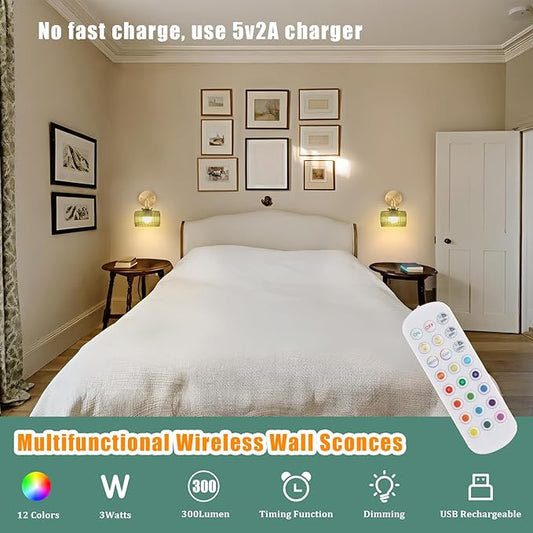 Vintage Battery Operated Wall Sconce with Green Striped Glass Lampshade 5000 mAh Rechargeable Battery Powered Wall Light with Remote Control for Bedside Bedroom Doorway