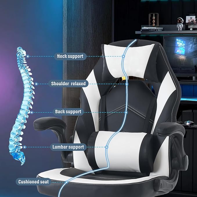 DUMOS Ergonomic Gaming Office Desk Chair with Flip-up Armrests for Adults, Height Adjustable PU Leather Video Game Computer Chair with 360° Rolling Wheels for Home and Office, Black White