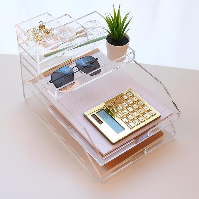 Acrylic Calculator with Stand, Battery and Solar Hybrid Powered Basic Calculator 12-Digit LCD Display,Home Office Desktop Accessories(Gold)