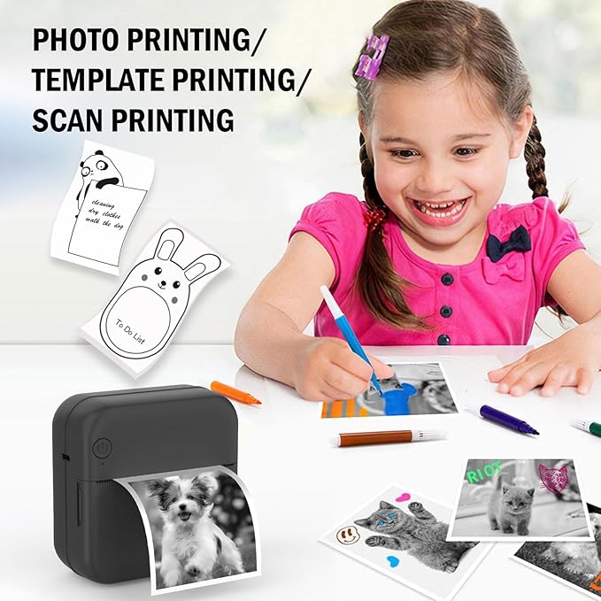Mini Photo Printer - Portable Pocket Sticker Printers for iPhone Thermal Printer with 10 Rolls Thermal Paper for Photo, Memo, Journal - Black