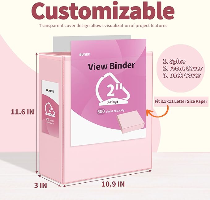 SUNEE 3 Ring Binder 2 Inch, Clear View Binder Three Ring PVC-Free (Fit 8.5x11 Inches) for School or Office Supplies, Pink, 2 Pack