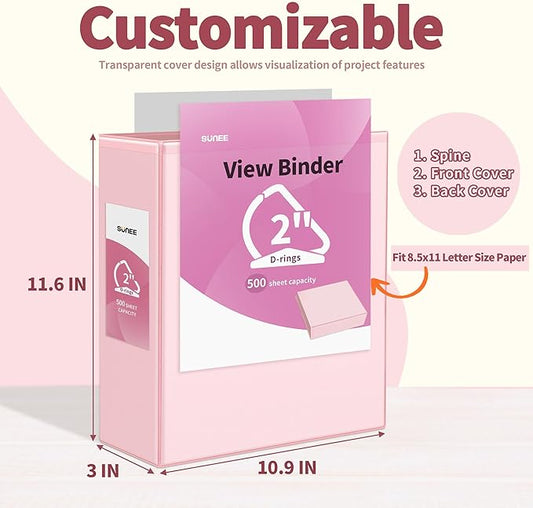 SUNEE 3 Ring Binder 2 Inch, Clear View Binder Three Ring PVC-Free (Fit 8.5x11 Inches) for School or Office Supplies, Pink, 2 Pack
