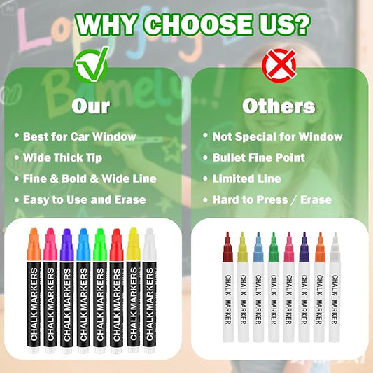 Liquid Chalk Markers for Blackboard, Jumbo Window Markers Liquid Chalk Pen with 7mm Thick Wide Tip for Car Glass Poster Sign, Stocking Stuffers for Women Kids Teens Boys Girls Art Supplies, 8 Pack