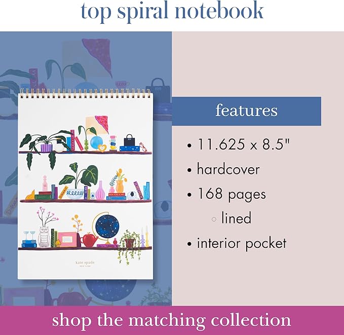 kate spade new york Large College Ruled Notebook, Top Spiral Notebook with 160 Pages, 11.75" x 8.5" Writing Pad, Charmed Library
