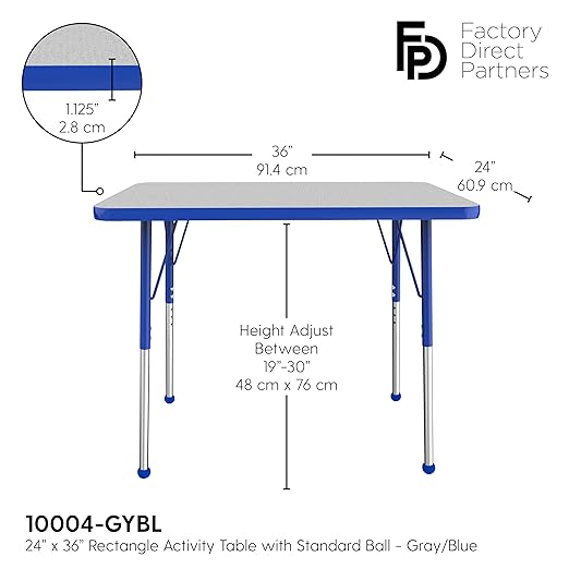 Factory Direct Partners FDP Rectangle Activity School and Office Table (24 x 36 inch), Standard Legs with Ball Glides, Adjustable Height 19-30 inches - Gray Top and Blue Edge