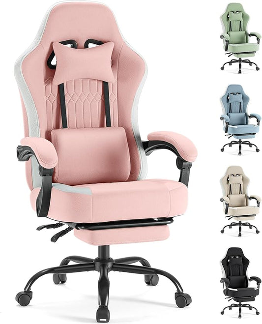 Sweetcrispy Computer Gaming Chair - High Back Ergonomic Desk Chair with Footrest and Lumbar Support, Height Adjustable Task Chair with Linkage Armrests and Headrest, 360° Swivel Wheels, Pink