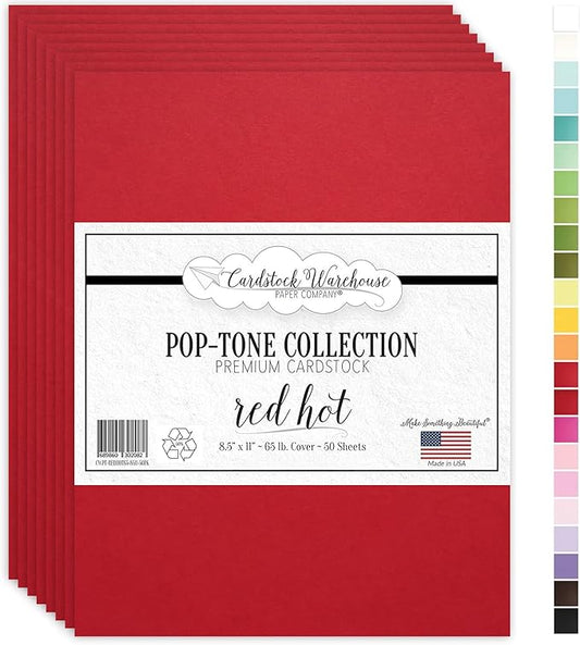 Cardstock Warehouse Pop-Tone Red Hot Cardstock Paper - 50 Sheets, 8.5 x 11" - 65 lb / 175 GSM Premium Red Card Stock for Die-cutting, Crafts, Printing, Card Making and DIY Projects