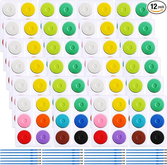 Nuanchu 144 Pcs Tempera Paint Cakes with Tray 12 Colors 2.24 x 0.71 Inch Painting Cakes with Paintbrush Paints Blocks Art Supplies for Art sessions Drawing Artists Beginners 12 Set