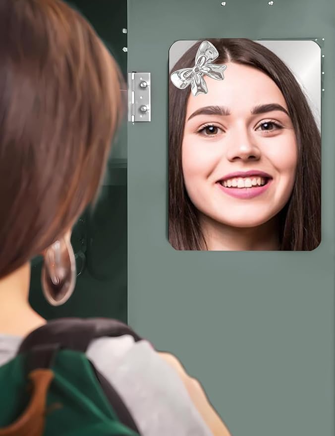 Magnetic Locker Mirror 4"x6" with Heart Magnets,Small Real Glass Frameless Magnetic Backing for School Locker, Bow Design, Makeup Mirror for Girls, Bathroom, Refrigerator, Office Cabinet, Home