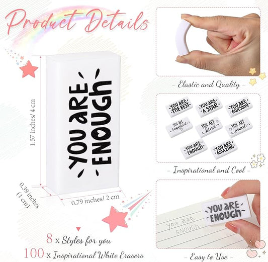 PerKoop 100 Pcs Back to School Inspirational Small Pencil Erasers Bulk for Kids, White Cute Fun Motivational Erasers Gifts for Teachers Students Classroom Reward First Day of School Supplies