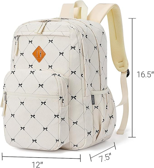 ZORFIN 26L Backpack for School, College, and Travel: Corduroy Bookbag with 8 Compartments - Bowknot