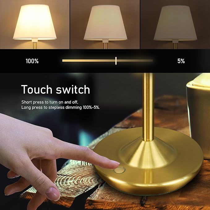 Cordless Table Lamp Portable Small LED Touch Lamp with Dimmer, 18" 2700K Rechargeable Battery Light for Bedside, Dining Room, Bedroom Lamp, Patio, Bar, Night Light, Bathroom (Antique Brass)