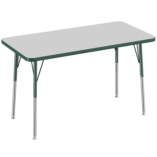 FDP Rectangle Activity School and Office Table (24 x 48 inch), Standard Legs with Swivel Glides, Adjustable Height 19-30 inches - Gray Top and Green Edge