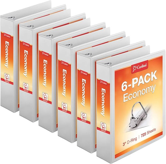 Cardinal Economy 3-Ring Binders, 3", Slant-D Rings, Holds 725 Sheets, ClearVue Presentation View, Non-Stick, White, Case of 6 (90771)