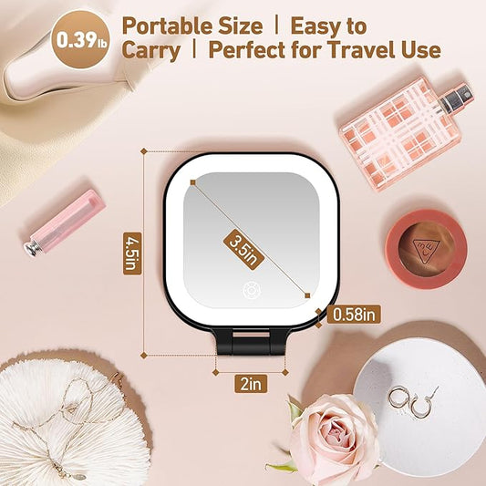 Travel Mirror with Light, 1x/30x Magnifying Mirror with 3 Color Lights and Adjustable Brightness, 4.5x3.9 inch Small Compact Hangable Hand Pocket 3 Way Mirrors, Comes with Tweezer