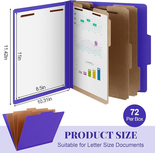 72 Pcs Classification Folders Letter Size, 3 Divider Pressboard File Folder with Fasteners, Expanding File Organizer Bulk for Teachers, Clergy, Office, Church, Christmas Donations (Purple)