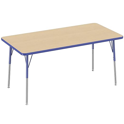 FDP Rectangle Activity School and Office Table (30 x 60 inch), Standard Legs with Swivel Glides, Adjustable Height 19-30 inches - Maple Top and Blue Edge