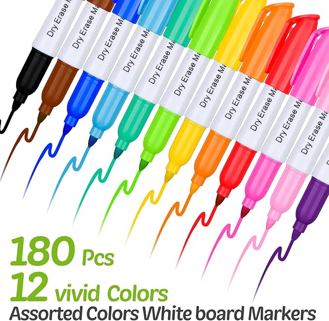 PerKoop 180 Pcs Mini Dry Erase Markers Fine Tip 3.5 Inch Erasable Whiteboard Markers with Cap Clips Low Odor Dry Erase Pen for School Office, Assorted Colors