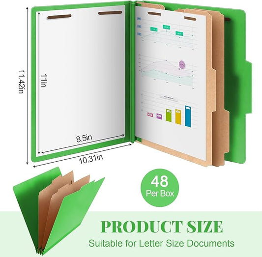48 Pcs Classification Folders Letter Size, 2 Divider Pressboard File Folders with 3. 5 Inch Expansion, 2 Prongs Fastener, Heavy Duty Office File Organizers for Teachers, Medical (Green)