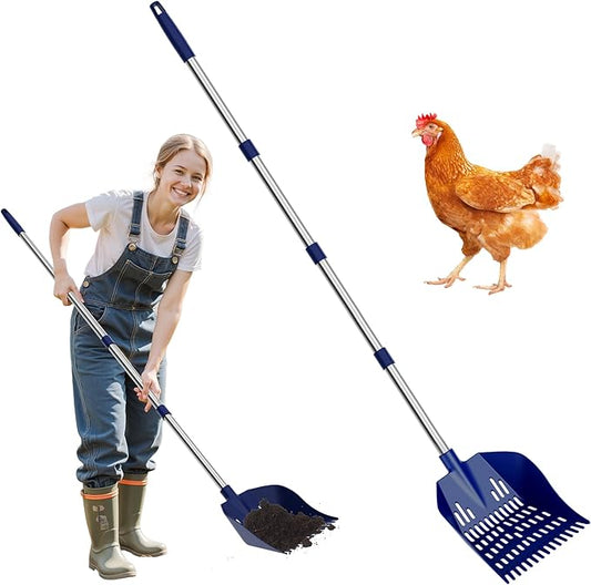 Chicken Poop Scooper & Rake 2-in-1 Chicken Coop Scoop 3-Shape Sifting Holes Chicken Coop Rake 39 to 68" Adjustable Stainless Steel Handle Litter Shovel for Chicken Coops & Small Farm Animals
