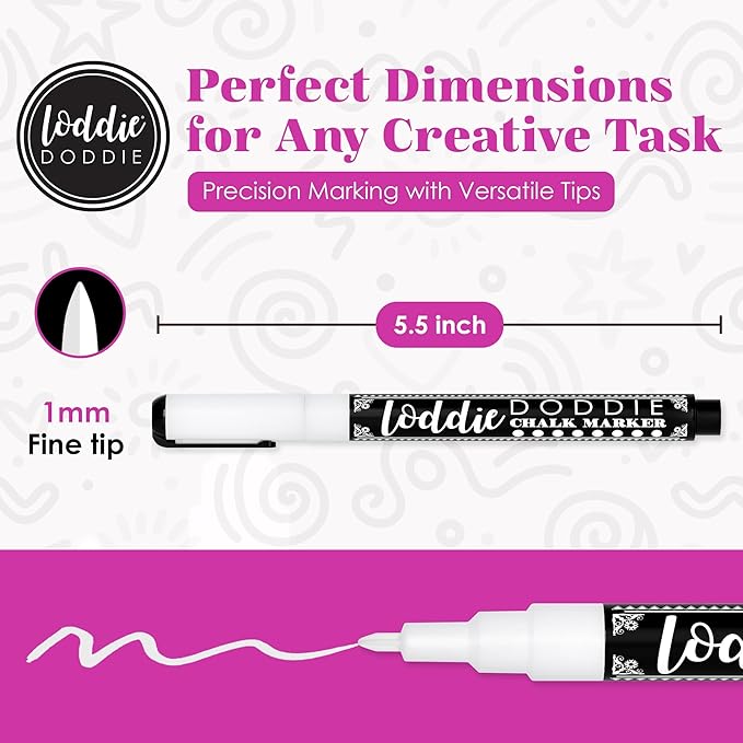 Loddie Doddie Liquid Chalk Markers for Chalkboard - 5 Pack, 1 mm Point, White - Erasable & Low-Odor Non-Toxic Ink - Chalk Pen & Window Markers for Glass