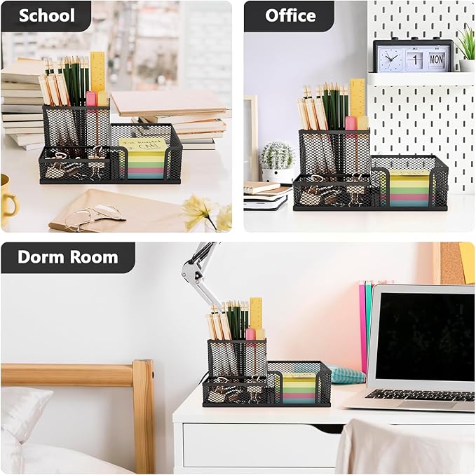 Mesh Pen Holder for Desk 3 Compartment Desk Organizer for Pens Pencils Sticky Notes Office Accessories