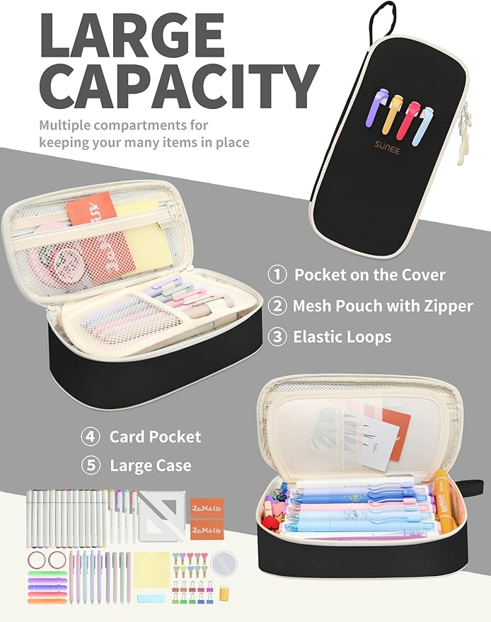 SUNEE Large Pencil Case, Cute Pen Pouch, Aesthetic Zipper Stationery Bag Large Capacity Kawaii Pen Organizer, Black, Bag Organiser