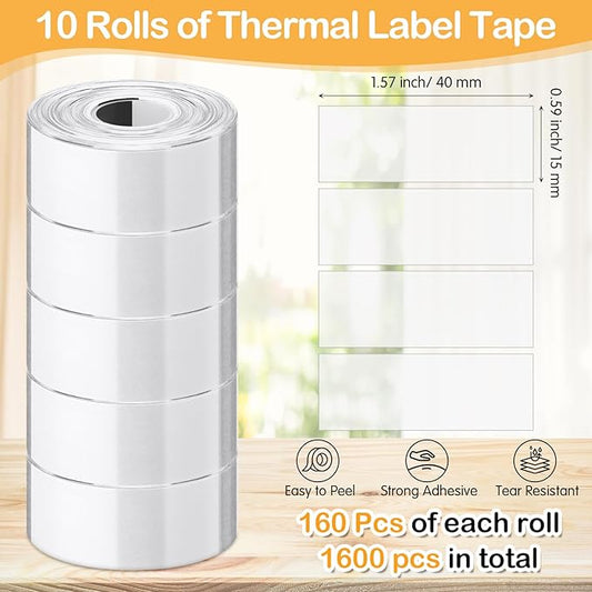 1600 Pcs Label Tapes 15 x 40 mm Laminated Stickers Replacement Compatible with D30 Portable Thermal Label Paper Printer Tapes Refill for Office 160 Pcs/roll (Clear)