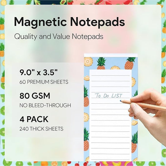 4 Large Magnetic Notepads – Big Notepads for Grocery List, Shopping List, To-Do List, Reminders -Strong Magnetic Back- Memo Pads with Realistic Fruit Designs | 60 Sheets per Pad 9 x 3.5 inch (4 Pack)