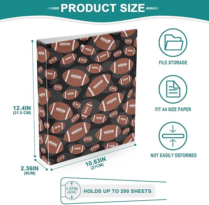 Brown-Black Tile Football Decorative 3 Ring Binder 2 Inch Large View Binders with Pockets File Organizer for Office College School, 1Pack