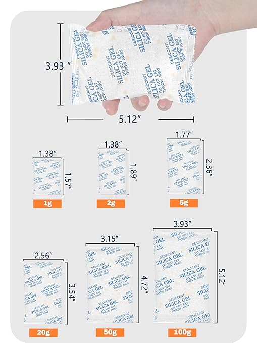 Premium 20 Gram 20 Pcs Desiccant Silica Gel Packets with Color Indicating - Rechargeable Moisture Absorbers for Food Grade Silica Packets for Foods, Seeds, 3D Filaments, Electronics, Safes