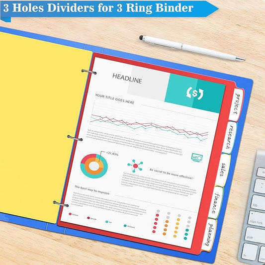 Jyusmile 12 Set Binder Dividers with 5 Tabs, Index Dividers for 3 Ring Binder, Multicolor Plastic Dividers with 3 Punch Holes, 60 Pcs Dividers for School & Office Supplies