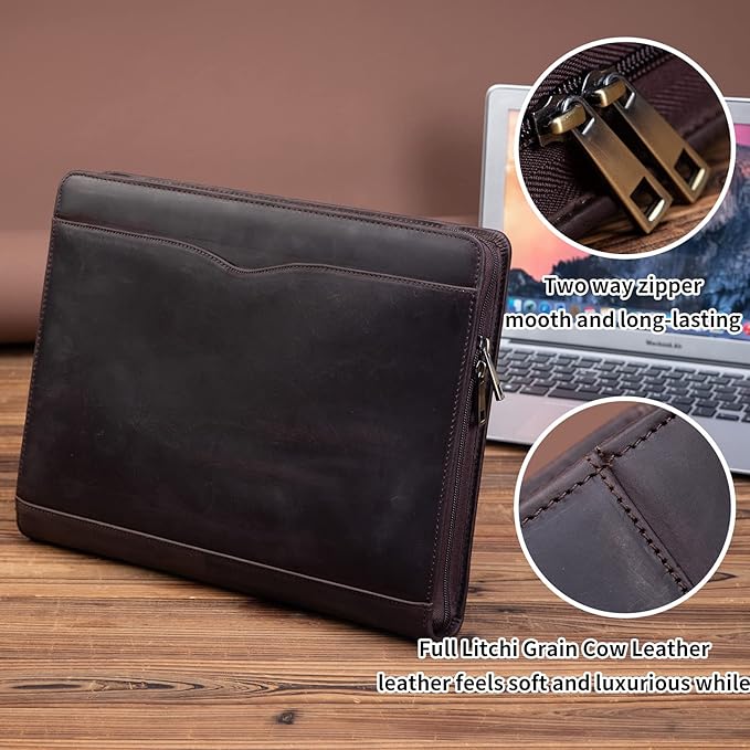 Professional Leather Business Padfolio Portfolio Case, 3 Ring Binder,Zippered Business Document Organizer Tablet Holder Folder Case,with Letter Size Notepad (Dark Brown)