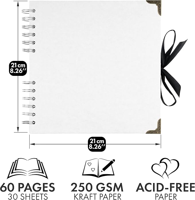 Bstorify Square Scrapbook Photo Albums 60 Pages (8 x 8 Inch) White Thick Paper, Hardcover, Metal Corners, Ribbon Closure - Ideal for Your Scrapbooking Albums, Art & Craft Projects (8 x 8 Inch, White)