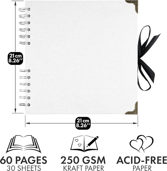Bstorify Square Scrapbook Photo Albums 60 Pages (8 x 8 Inch) White Thick Paper, Hardcover, Metal Corners, Ribbon Closure - Ideal for Your Scrapbooking Albums, Art & Craft Projects (8 x 8 Inch, White)
