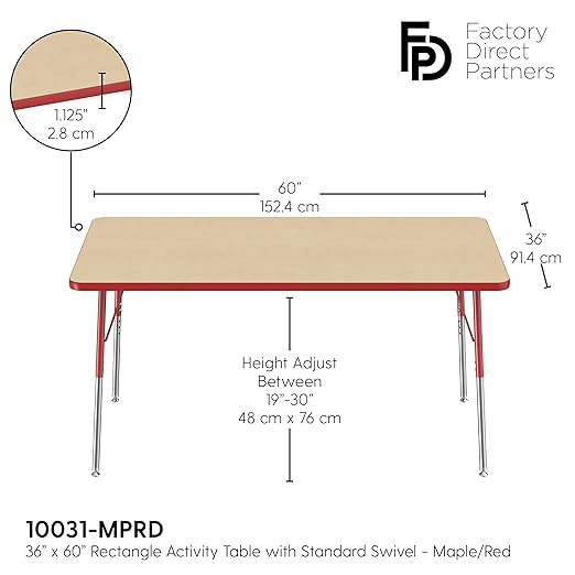 FDP Rectangle Activity School and Office Table (36 x 60 inch), Standard Legs with Swivel Glides, Adjustable Height 19-30 inches - Maple Top and Red Edge