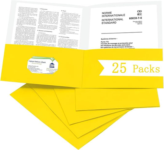 Zzrywuty 25 Packs Paper Folders with Pockets for Students, Businessmen and Office Workers,Letter Size,Two Pocket Folders with Card Slot for Office,Business,School Supplies (Yellow)