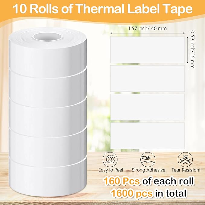 1600 Pcs Label Tapes 15 x 40 mm Laminated Stickers Replacement Compatible with D30 Portable Thermal Label Paper Printer Tapes Refill for Office 160 Pcs/roll (White)